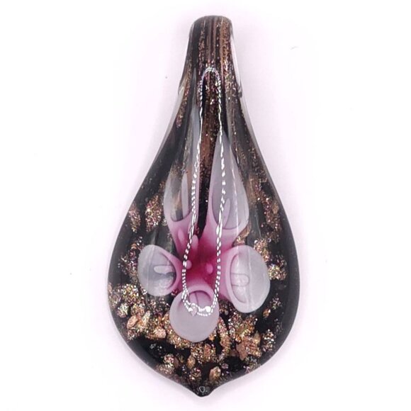 Handcrafted Lampwork Glass Floral Pendant Pink Glitter Teardrop Jewelry Art - Picture 3 of 4